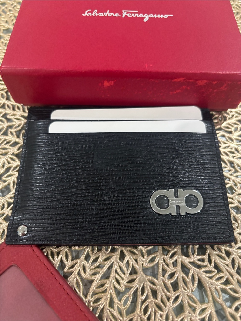 Salvatore Ferragamo Black Leather Card Holder with Red ID Sleeve- unisex - Picture 2 of 5